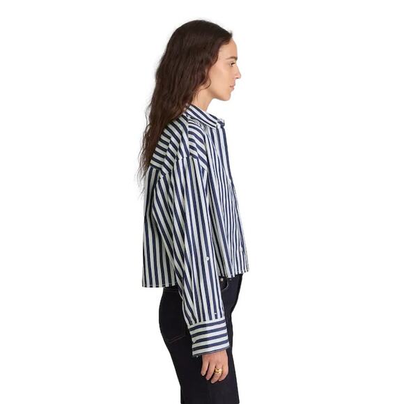Madewell Straight Hem Poplin Shirt Blue White Stripe Boxy XS NWT - Picture 3 of 8